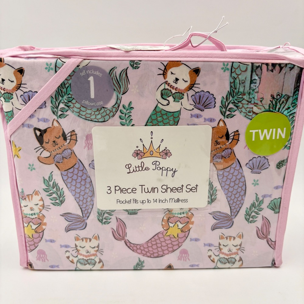 Little Poppy Pink Mercat Mermaid Cat 3 Piece Twin Sheet Set Deep Pocket NEW